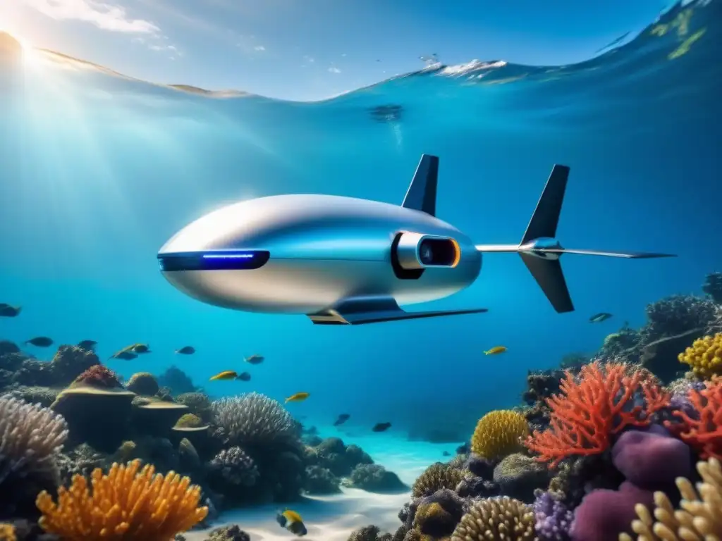 Exploración oceánica: drone submarino plateado con luces LED azules deslizándose entre peces y corales vibrantes en aguas cristalinas