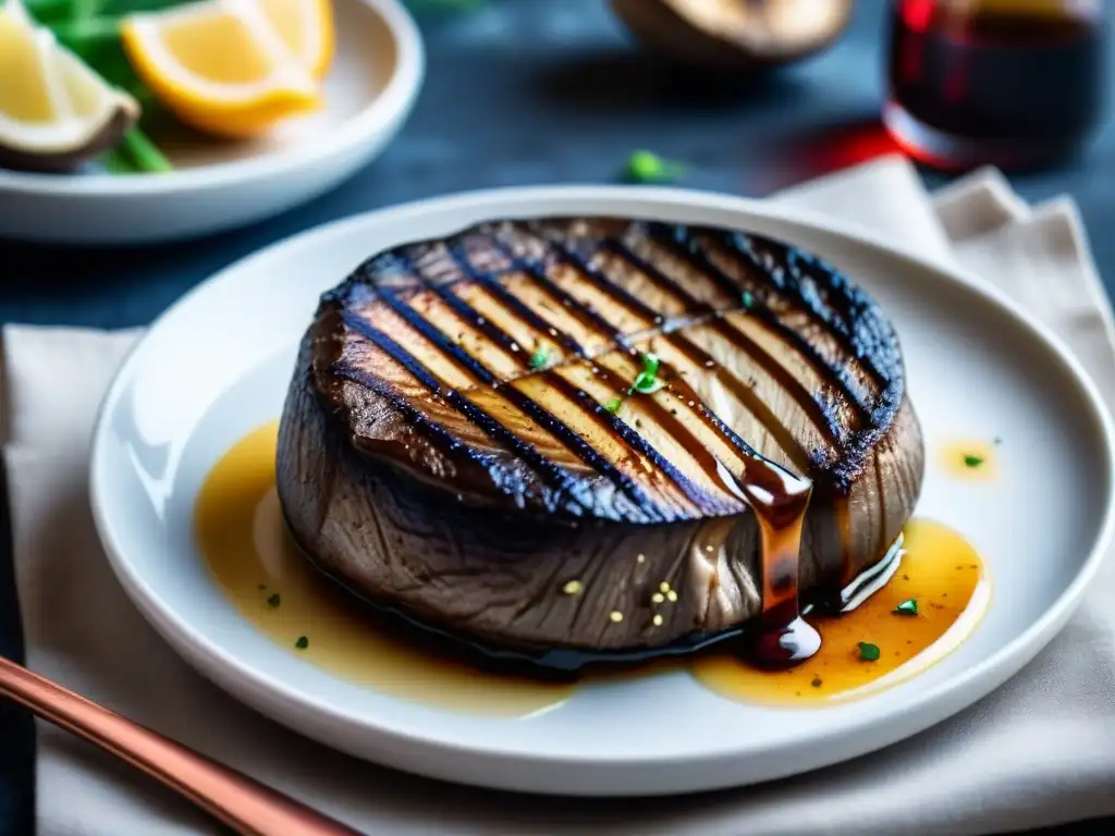 Un suculento steak de portobello a la parrilla con textura jugosa y marcas de grill, en un plato blanco