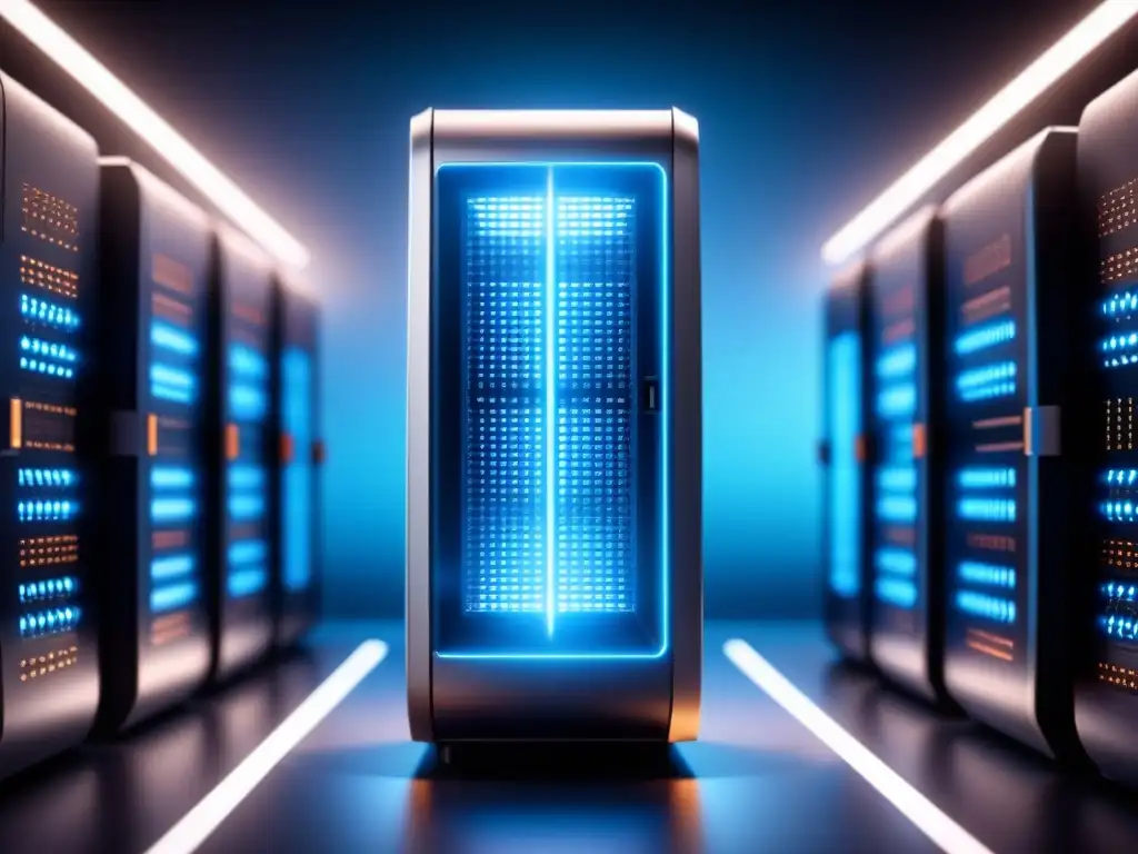 Supercomputadora futurista de última generación en 8k Un supercomputador futurista brillante, con circuitos iluminados en azul sobre fondo oscuro