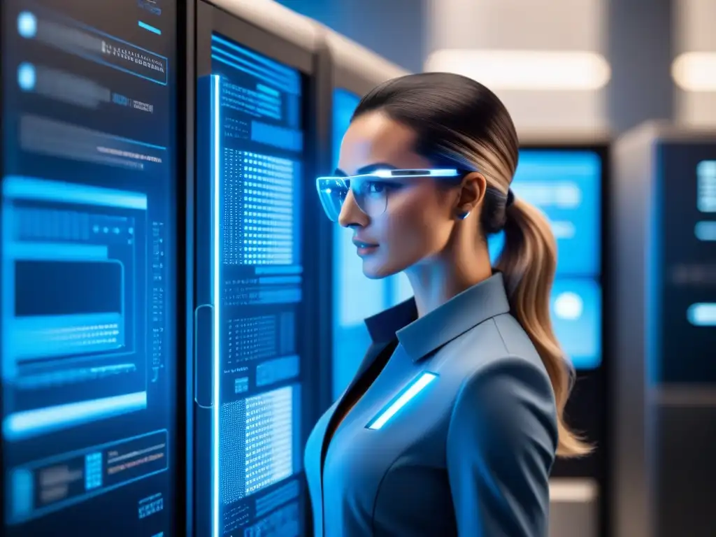 Un supercomputador futurista y elegante, con patrones de circuitos brillantes en azul y plata