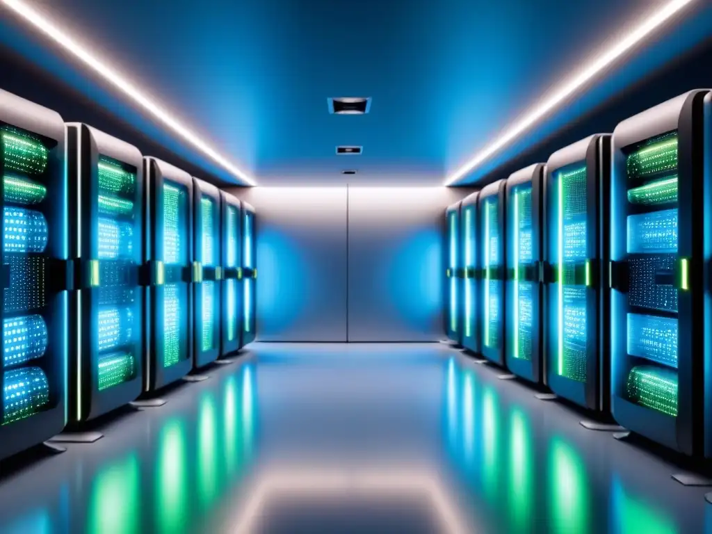 Un supercomputador futurista iluminado con luces azules y verdes, rodeado de intrincados circuitos