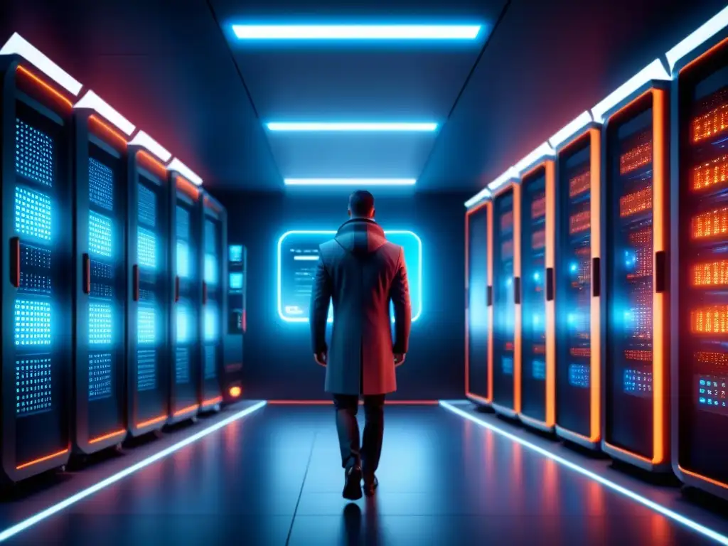 Un supercomputador futurista rodeado de virus digitales, reflejando el impacto del malware en la seguridad de la computación de alto rendimiento