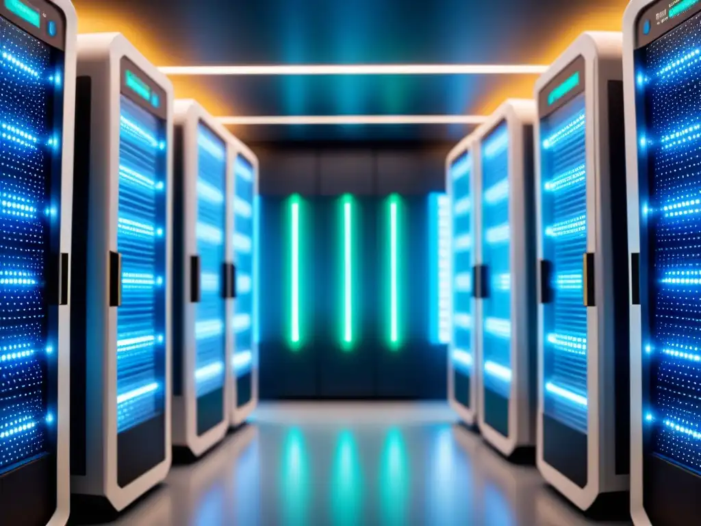 Supercomputadora futurista iluminada en azul y verde, rodeada de circuitos complejos