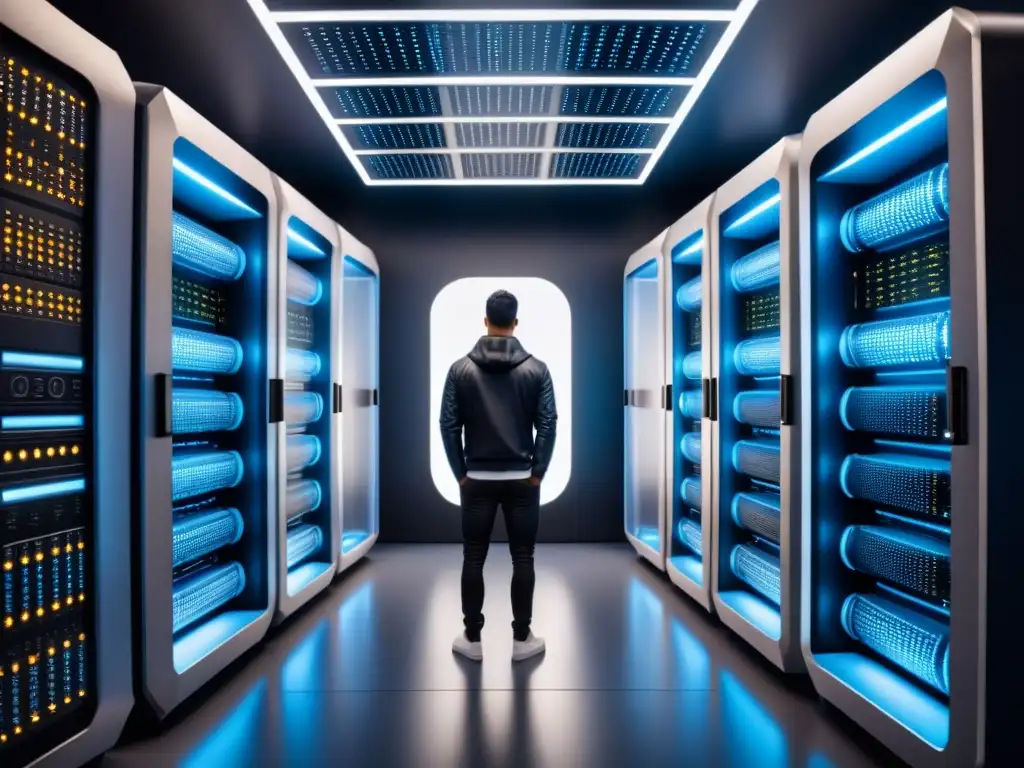 Una supercomputadora futurista con patrones de circuitos brillantes sobre fondo oscuro