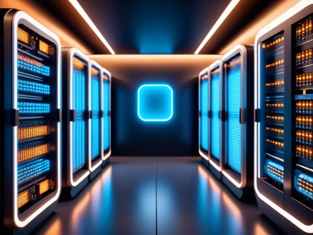 Un superordenador futurista y detallado con circuitos brillantes, en un fondo oscuro