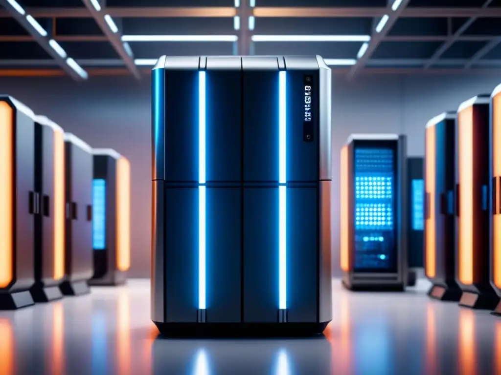 Un superordenador futurista en un entorno industrial minimalista, mostrando la innovación de la supercomputación en la industria