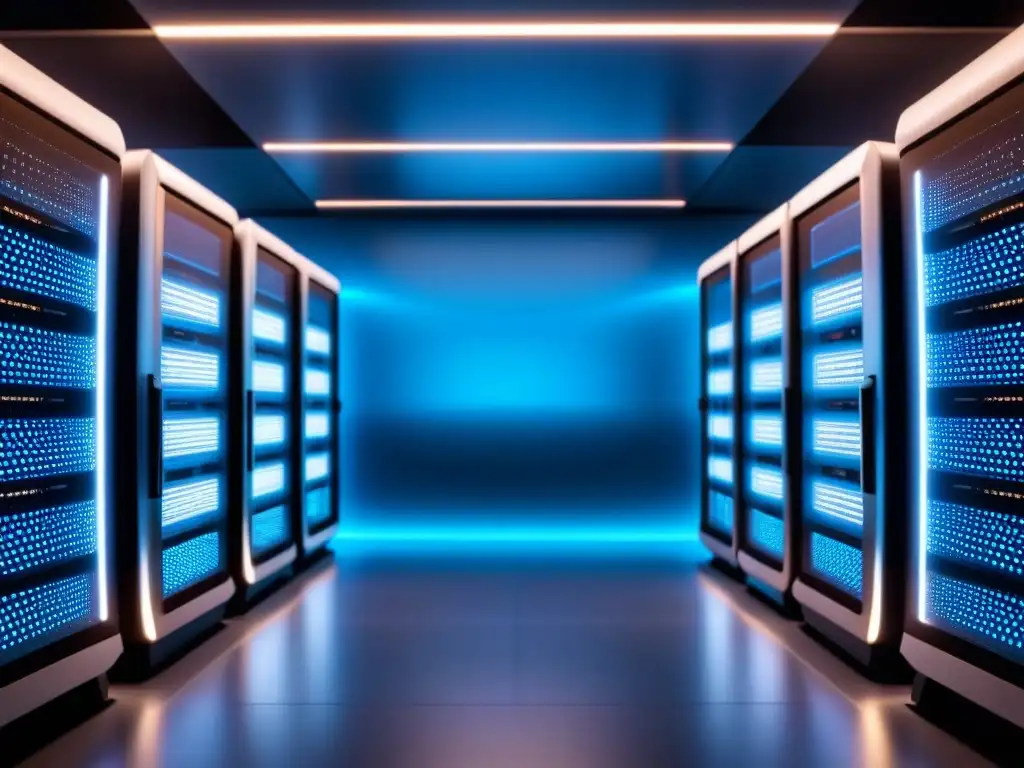 Un superordenador futurista en una habitación tenue, emitiendo una luz azul suave