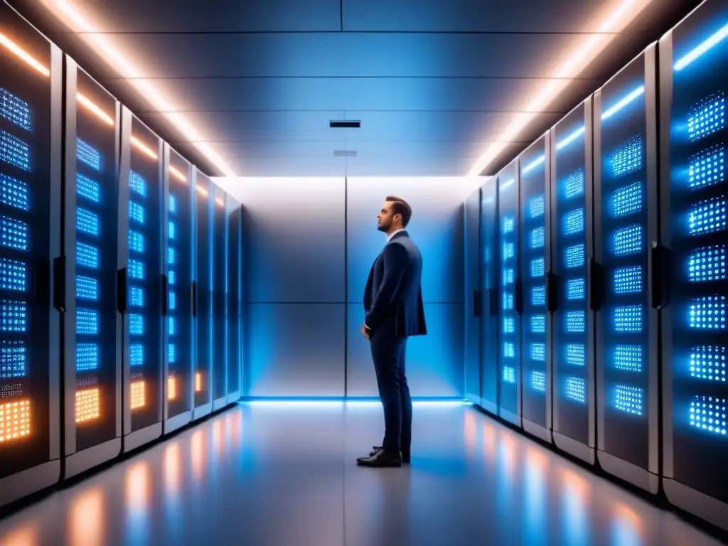 Un superordenador poderoso en un centro de datos moderno, simbolizando la supercomputación en simulaciones climáticas de alta resolución