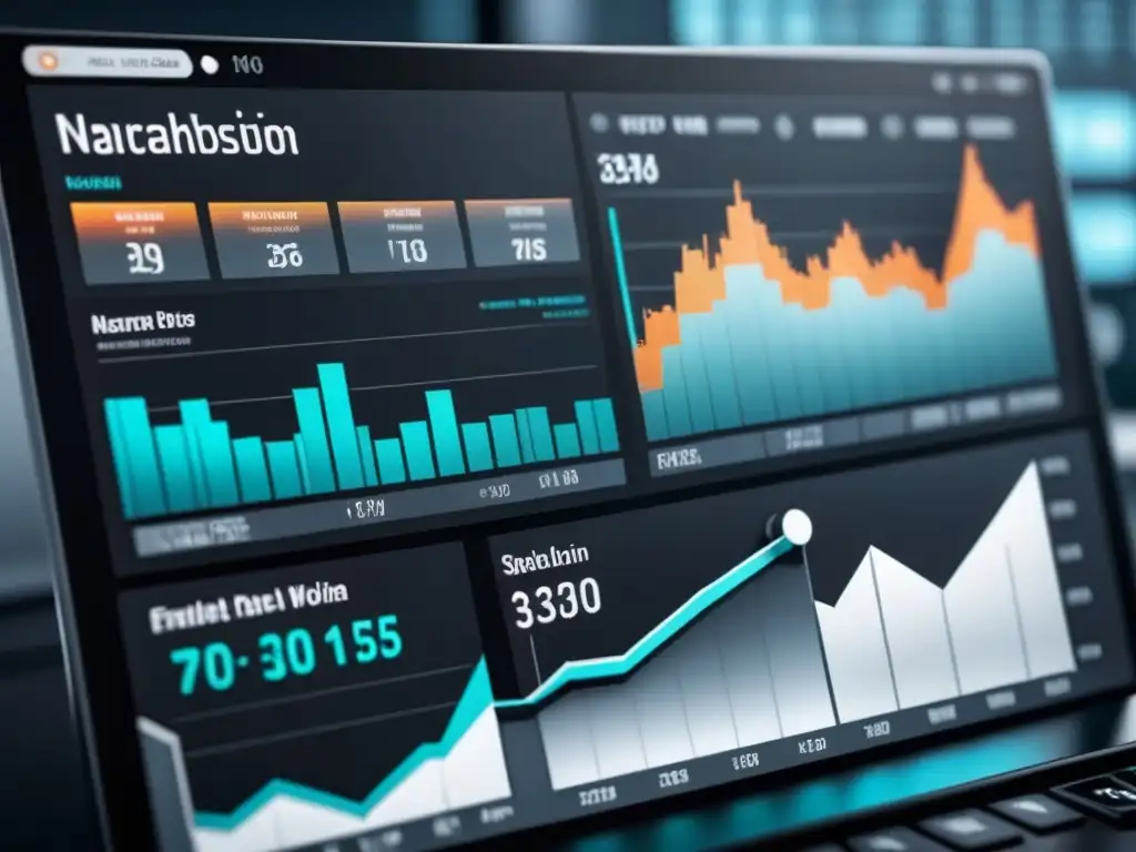 Un tablero de datos financieros futurista en blanco y negro con gráficos detallados