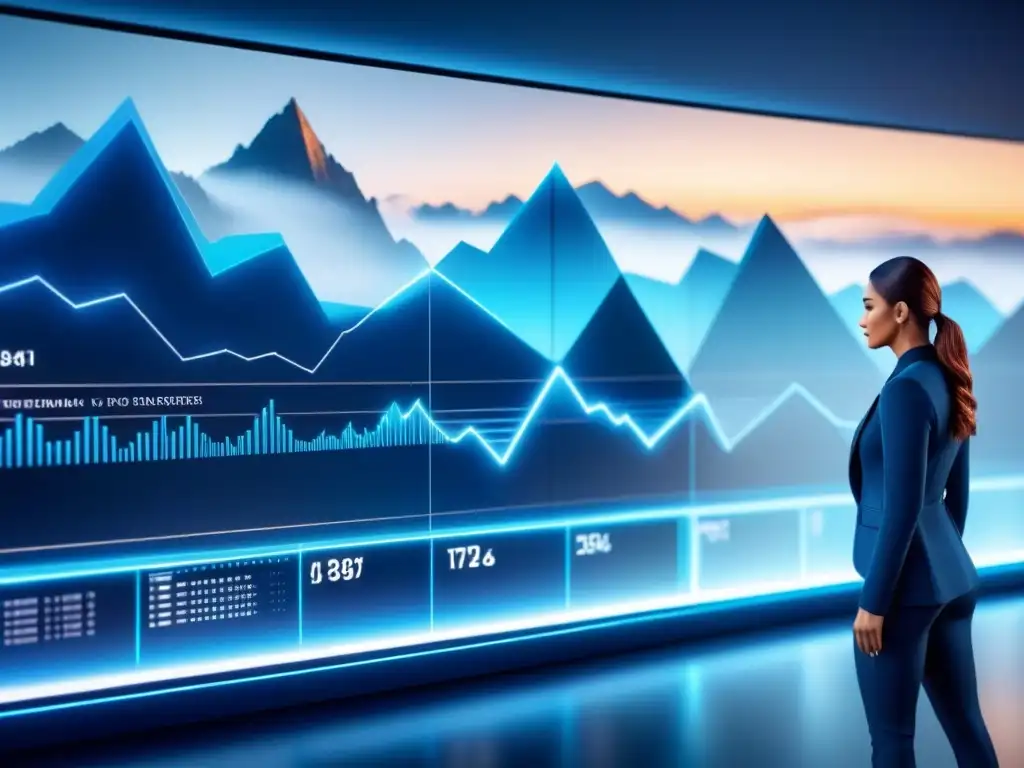 Un tablero de visualización de datos futurista y minimalista en tonos azules y metálicos