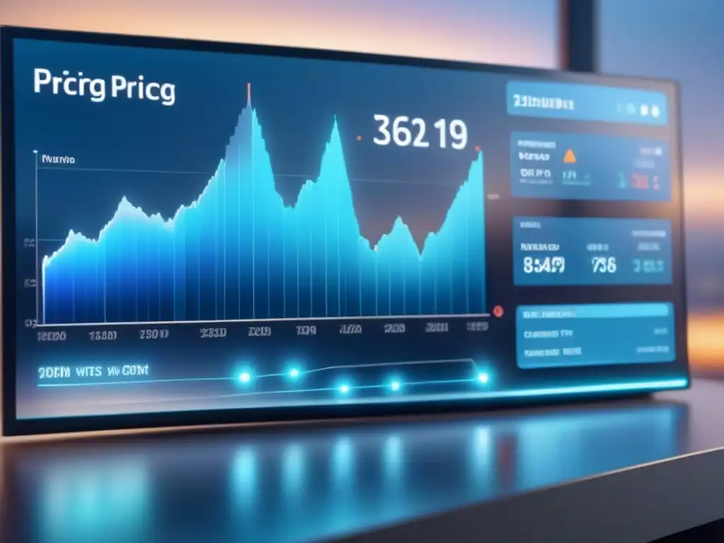 Tablero futurista de estrategia de precios con IA y análisis de mercado en azul y plata holográfico