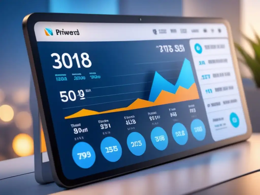 Tablero futurista de IA en estrategias competitivas con gráficos detallados y colores modernos