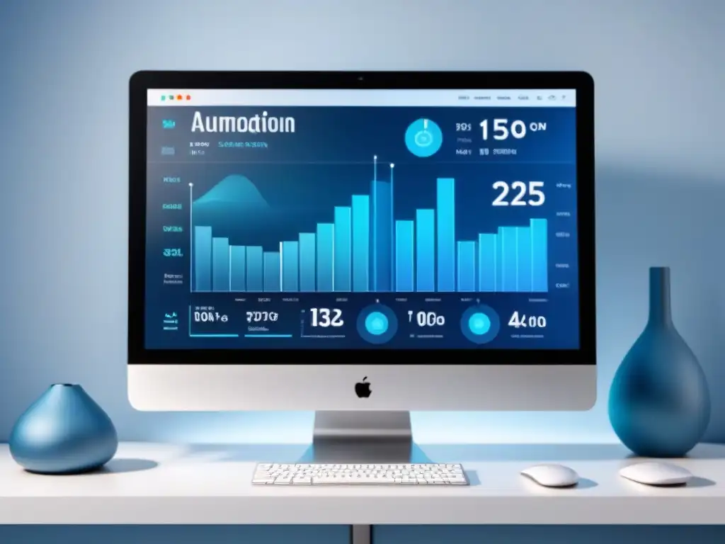 Tablero de automatización de sistemas ecommerce implementar con gráficos y datos en azules y blancos profesionales