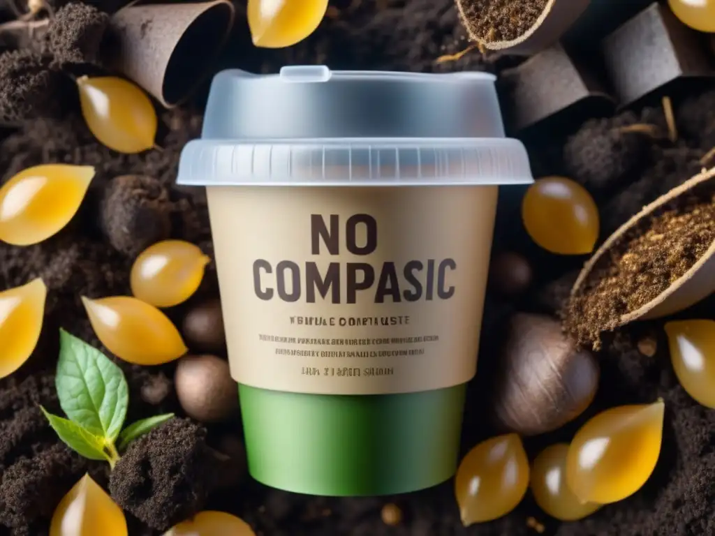 Una taza bioplástica compostable se descompone en compost rico