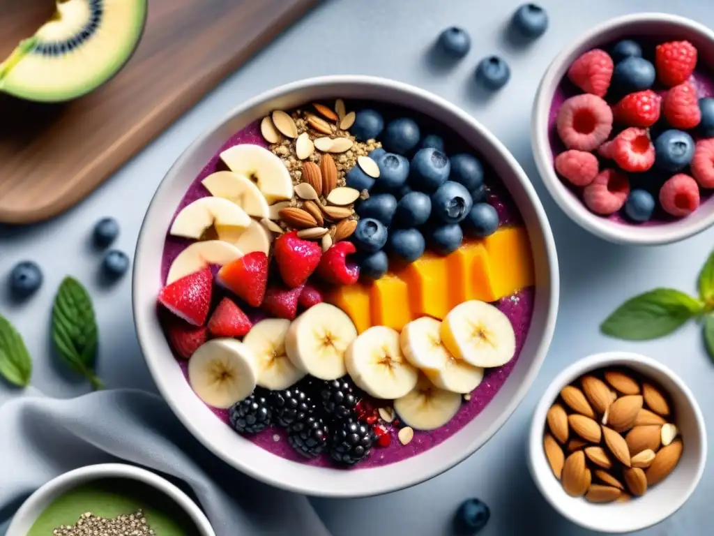 Un tazón de smoothie vibrante y colorido con bayas frescas, semillas de chía y almendras, en un fondo blanco