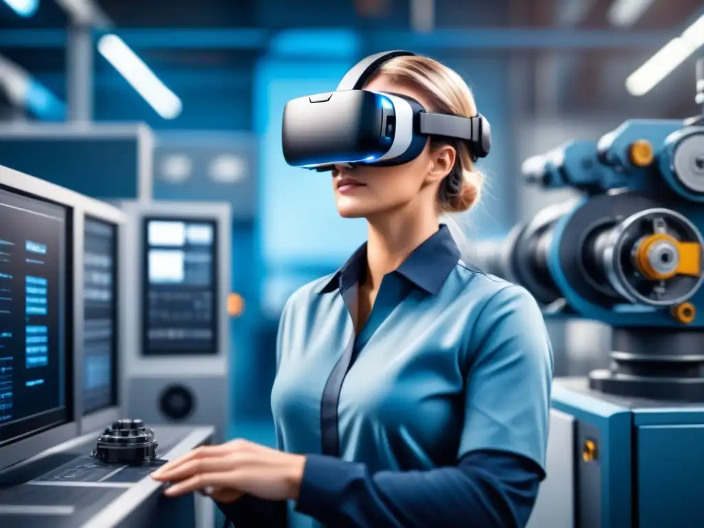 Técnico usando AR/VR en mantenimiento industrial, inmerso en simulación futurista