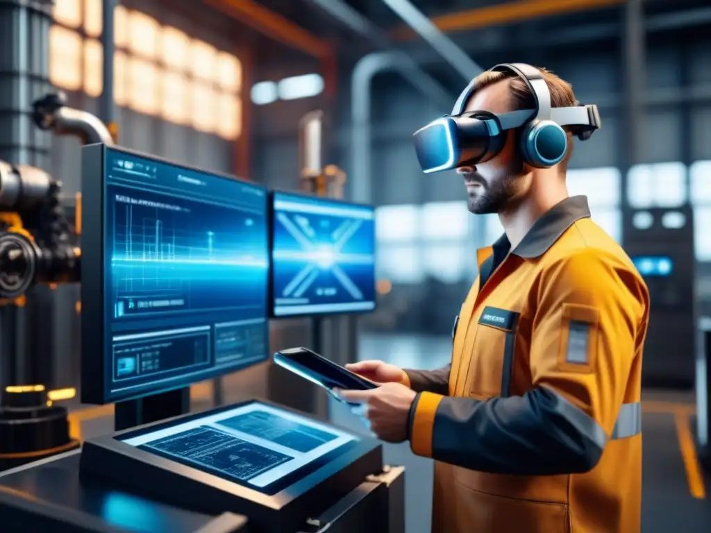 Realidad aumentada en planta industrial futurista Un técnico usando auriculares de realidad virtual en mantenimiento industrial en una planta futurista llena de maquinaria avanzada