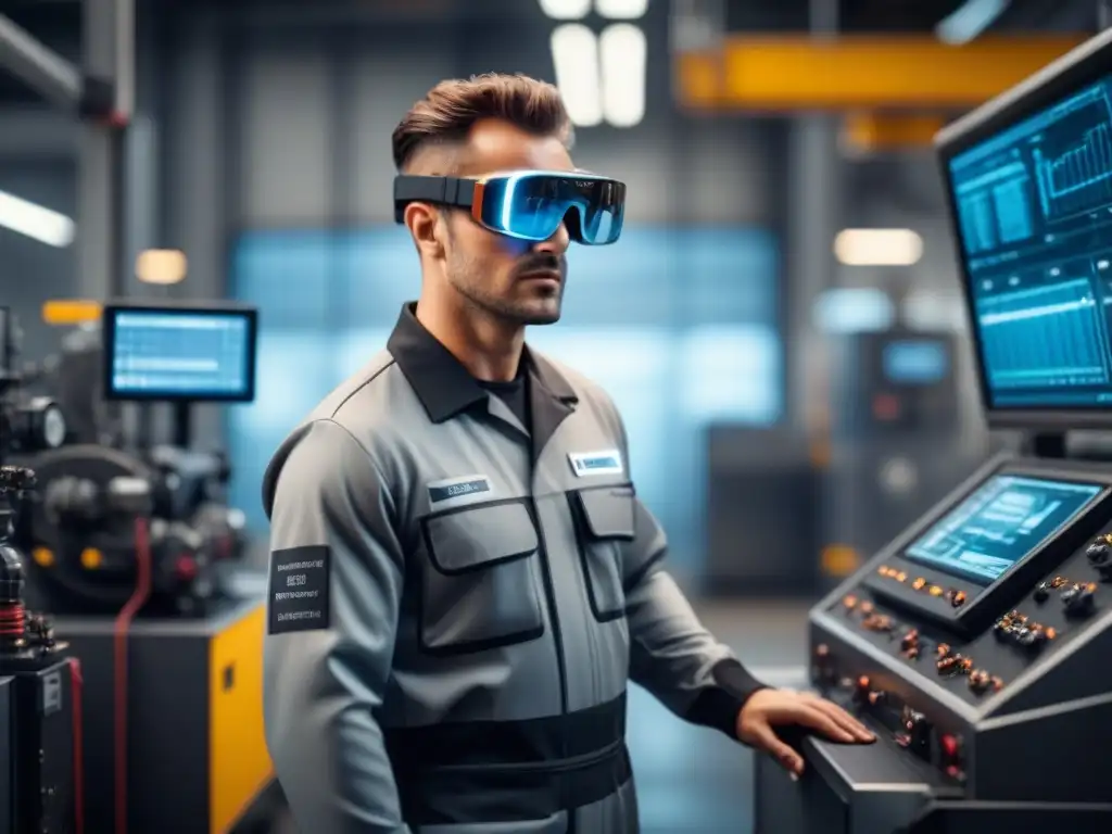 Un técnico usando gafas de realidad aumentada en mantenimiento industrial, rodeado de tecnología futurista