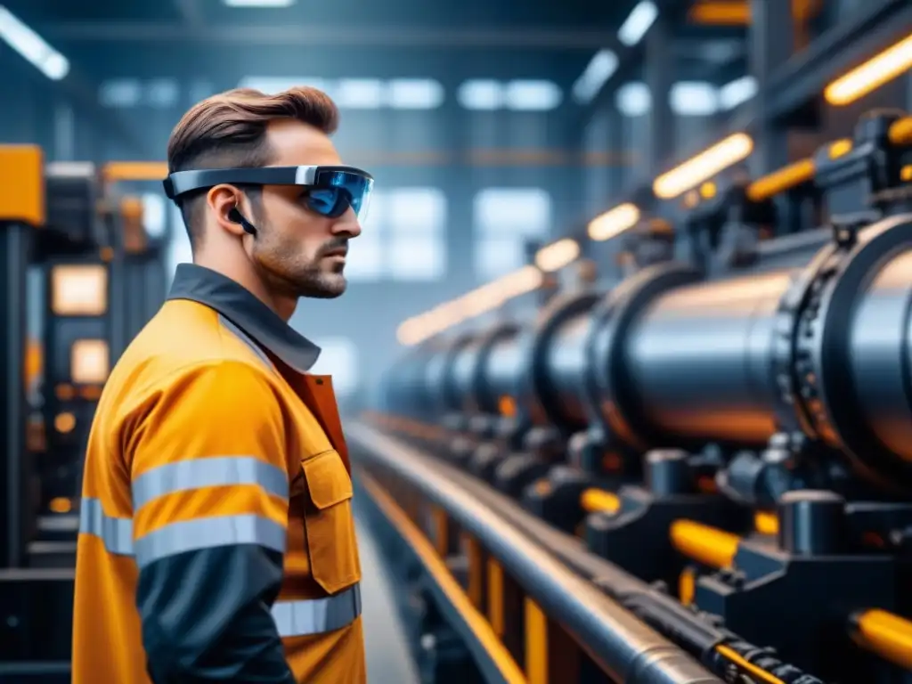 Un técnico con gafas de realidad aumentada frente a maquinaria industrial: fusión tecnológica en mantenimiento industrial