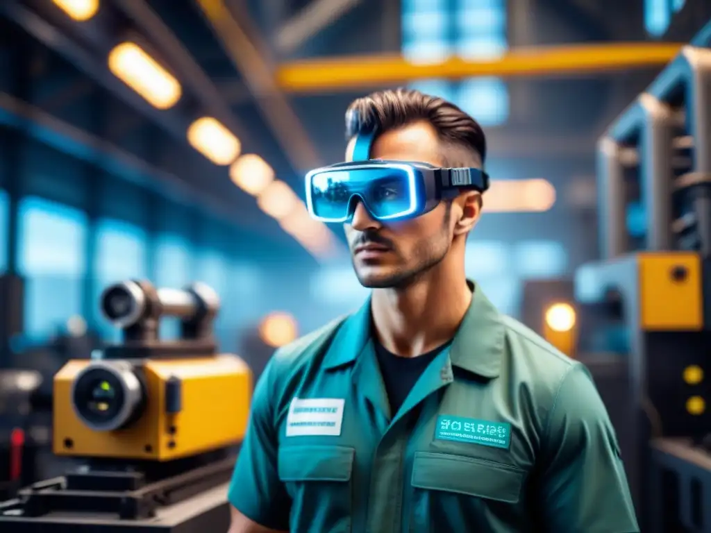 Un técnico con gafas de realidad aumentada realiza mantenimiento en una máquina industrial compleja, en un entorno futurista