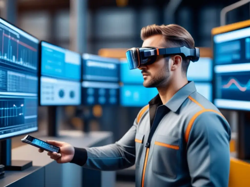 Un técnico en instalación industrial con gafas de realidad aumentada, interactuando con una interfaz virtual