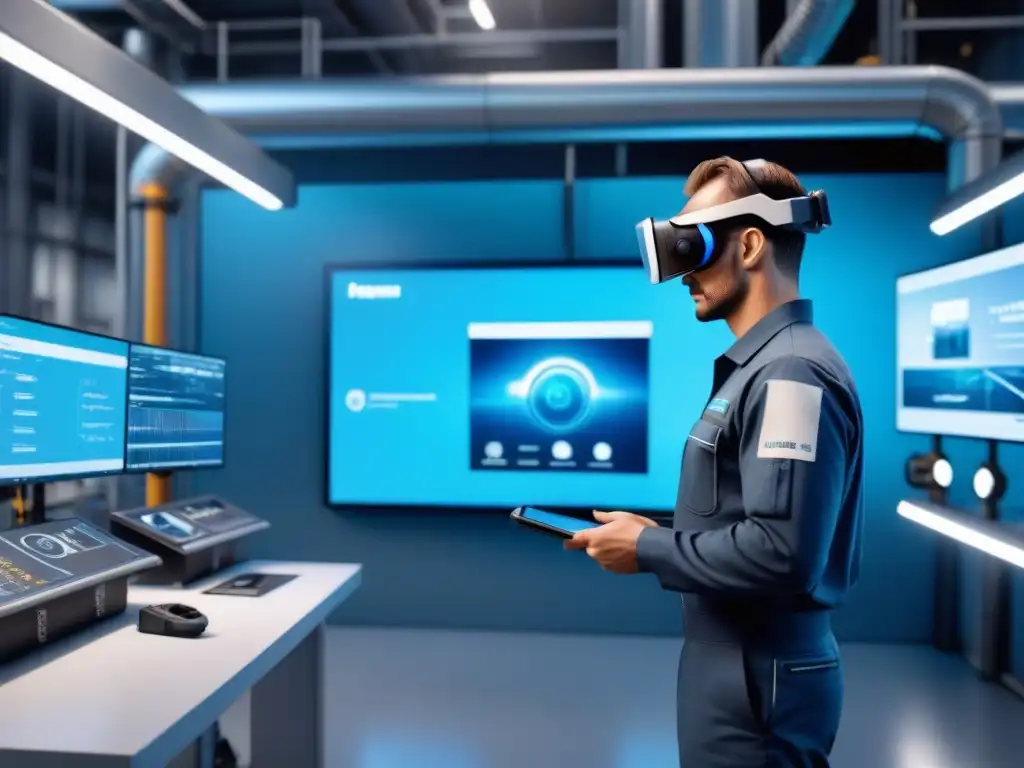 Centro de Mantenimiento Industrial Futurista con Realidad Aumentada Un técnico interactúa con manual holográfico en instalación de mantenimiento industrial con tecnología AR/VR