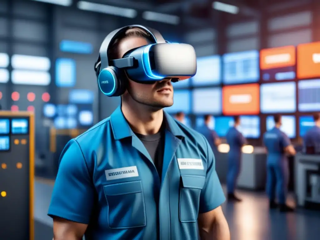 Un técnico interactúa con una simulación en una fábrica futurista usando un visor de realidad aumentada