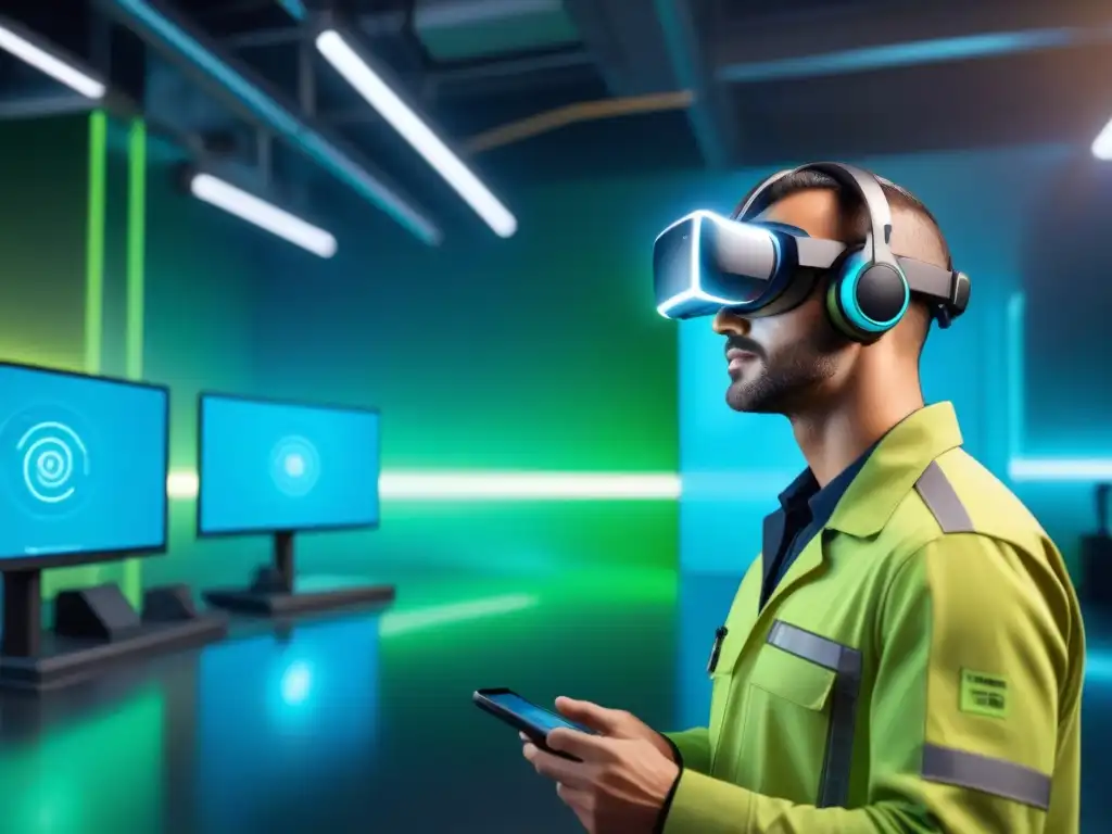 Técnico de mantenimiento del futuro usando tecnologías AR/VR en un entorno industrial avanzado