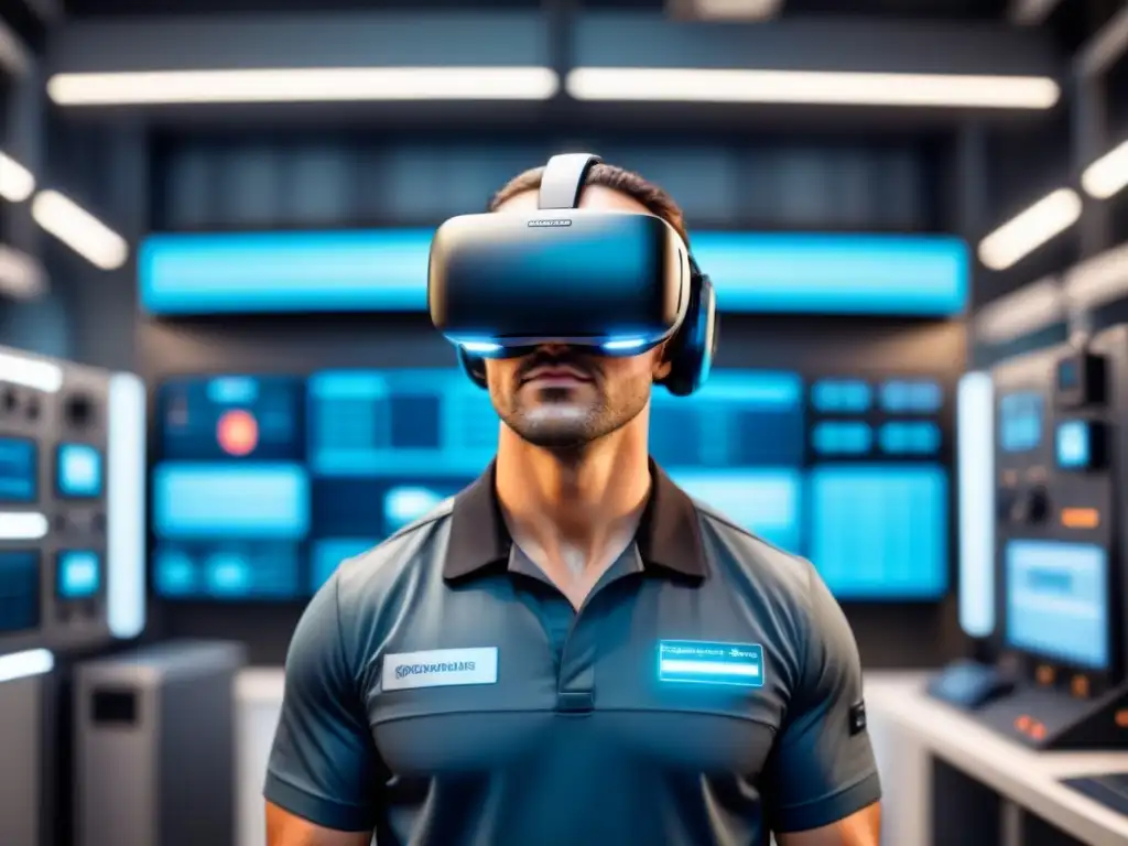 Realidad Virtual en Mantenimiento Industrial: Tecnología Futurista Un técnico de mantenimiento inmerso en Realidad Virtual, rodeado de datos digitales en un entorno industrial futurista
