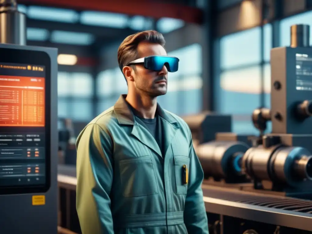 Un técnico en monos de trabajo usa gafas de Realidad Aumentada en mantenimiento industrial ante un complejo sistema de maquinaria