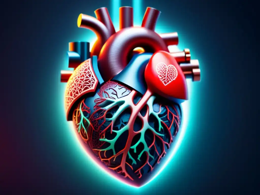 Fusión de tecnología y salud: corazón con circuitos, representando la integración de IA en cardiología