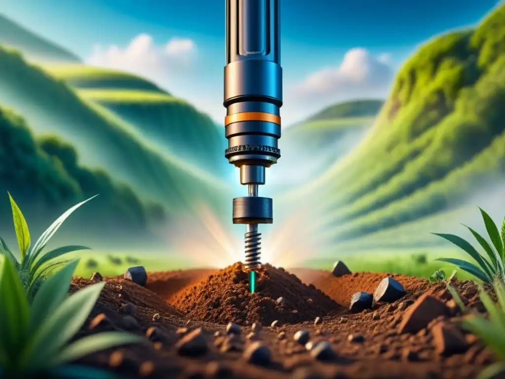 Minería sostenible: perforadora moderna en acción Tecnología de extracción minera sostenible en acción: perforadora moderna en paisaje verde y cielo azul