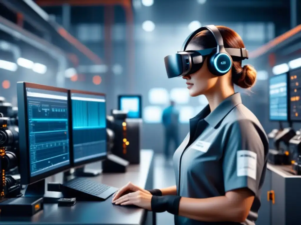 Implementación de tecnologías AR/VR en mantenimiento: Trabajadores en un centro industrial futurista con headsets, analizando datos en maquinaria