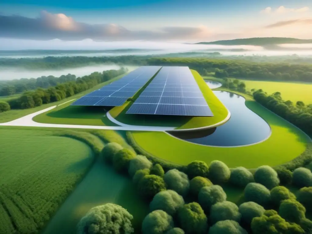 Invertir en tecnologías de captura de carbono: una instalación futurista rodeada de naturaleza exuberante y paneles solares