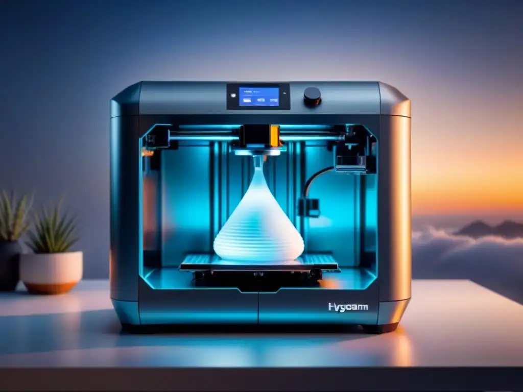 Tecnologías emergentes en cadenas de suministro: Impresora 3D futurista creando producto detallado con precisión en ambiente minimalista