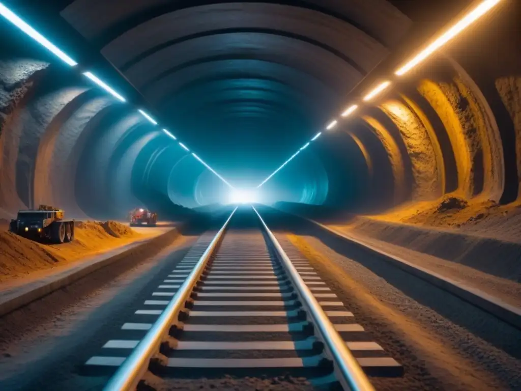 Tecnologías de minería subterránea sostenible en un túnel iluminado por luces LED futuristas, con vehículos mineros autónomos operando en silencio