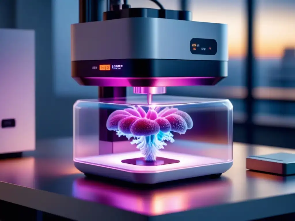 Bioimpresión de tejidos y órganos: Imagen en 8k de una biopiernsa futurista en acción, creando una estructura orgánica con precisión