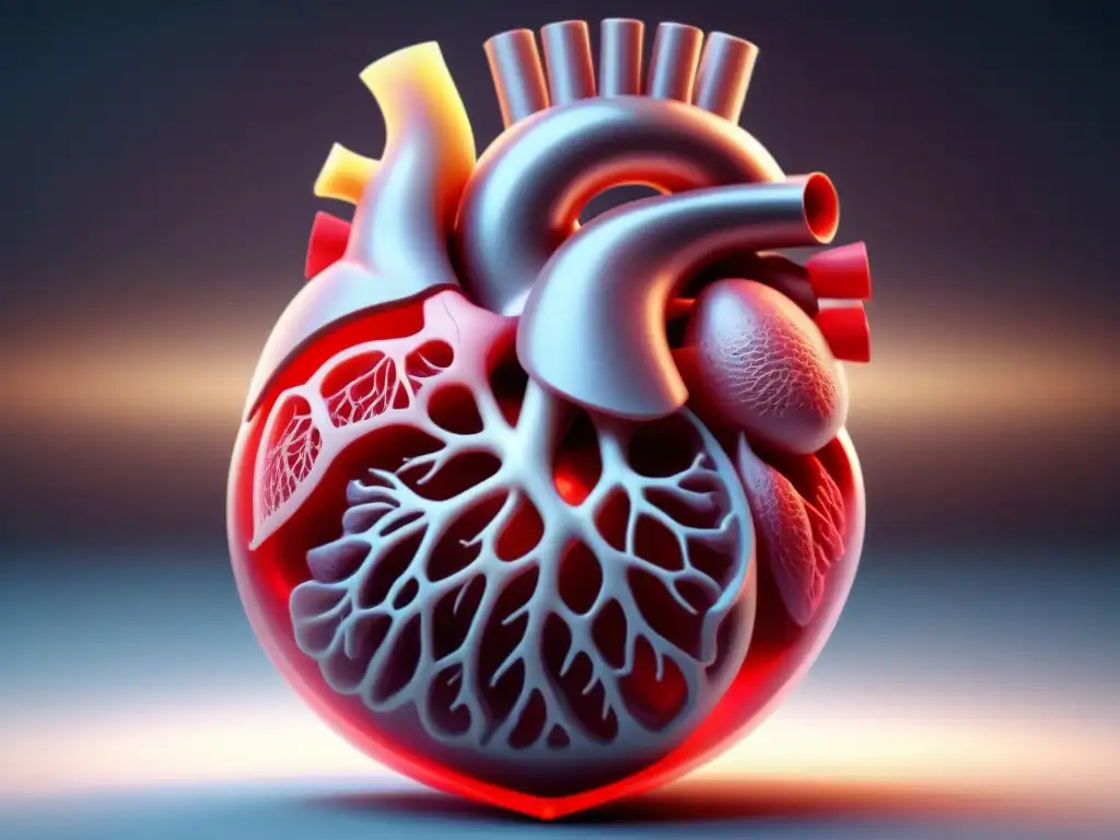 Bioimpresión de tejidos y órganos: Un corazón humano en 3D futurista y detallado, creado capa por capa con precisión y tecnología avanzada