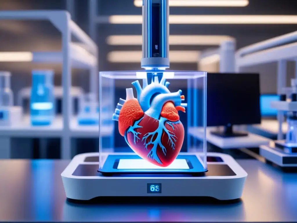 Bioimpresión de tejidos y órganos: Futurista bioprinter crea un andamio de corazón humano con elegancia en laboratorio estéril