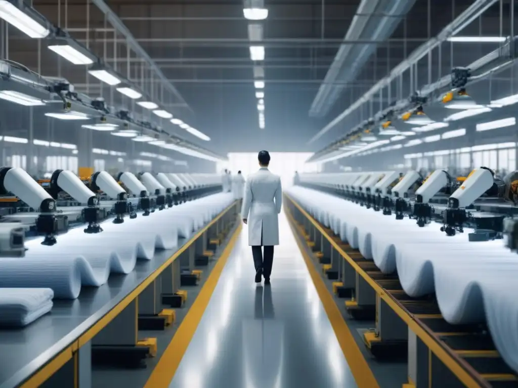 Un telar robotizado en una fábrica textil moderna con trabajadores supervisando, Sensores textiles inteligentes salud entorno