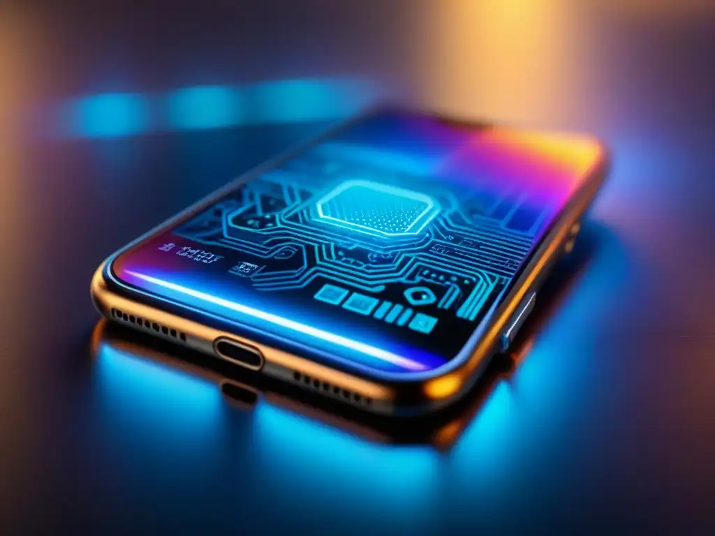 Smartphone futurista con pantalla transparente y circuitos iluminados Teléfono futurista con pantalla transparente y patrones de circuitos iluminados por nanotecnología en materiales fotónicos