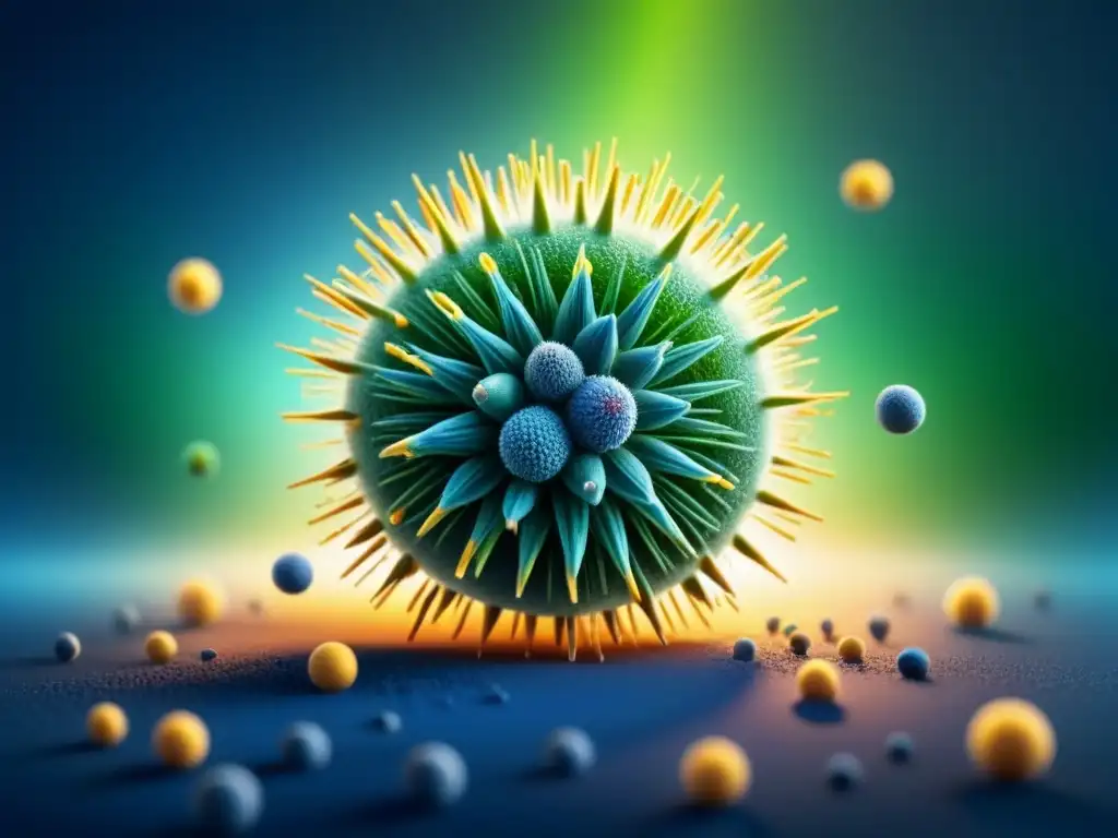 Terapia antiviral para Hepatitis C: Ilustración detallada de un virus siendo destruido por moléculas antivirales en azules y verdes vibrantes