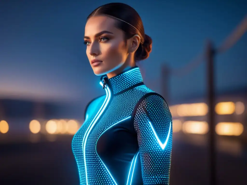 Textil inteligente con circuitos brillantes y luces LED integradas en prenda wearable futurista