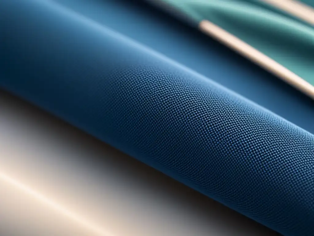 Textiles con sensores para monitoreo: Detalle de un tejido futurista y sofisticado en azules y blancos, integrando tecnología avanzada