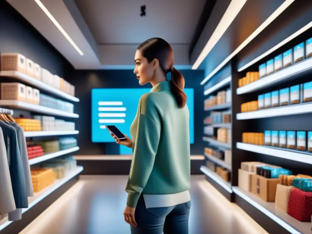 Tienda futurista con Big Data en experiencia cliente: pantallas interactivas, realidad aumentada, estantes inteligentes y chatbots