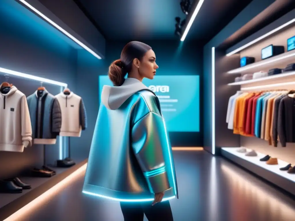 Una tienda industrial futurista con elementos holográficos y una experiencia cliente realidad mixta retail inmersiva