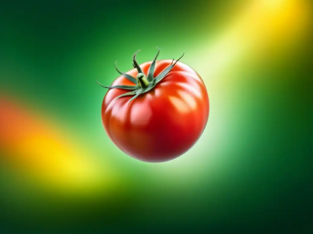 Tomate transgénico perfecto en suspensión: detallado y realista Tomate CRISPR en suspensión: rojo vibrante y perfección genética en solución a escasez