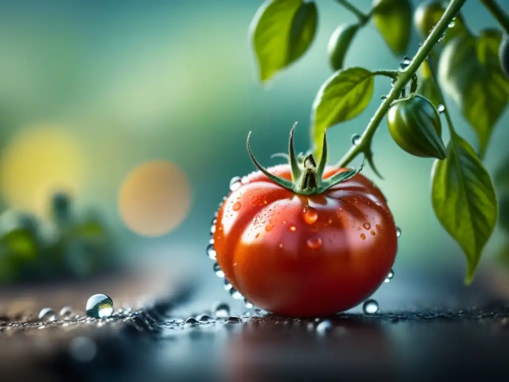 Un tomate maduro con gotas de agua sobre su superficie, resaltando su belleza natural