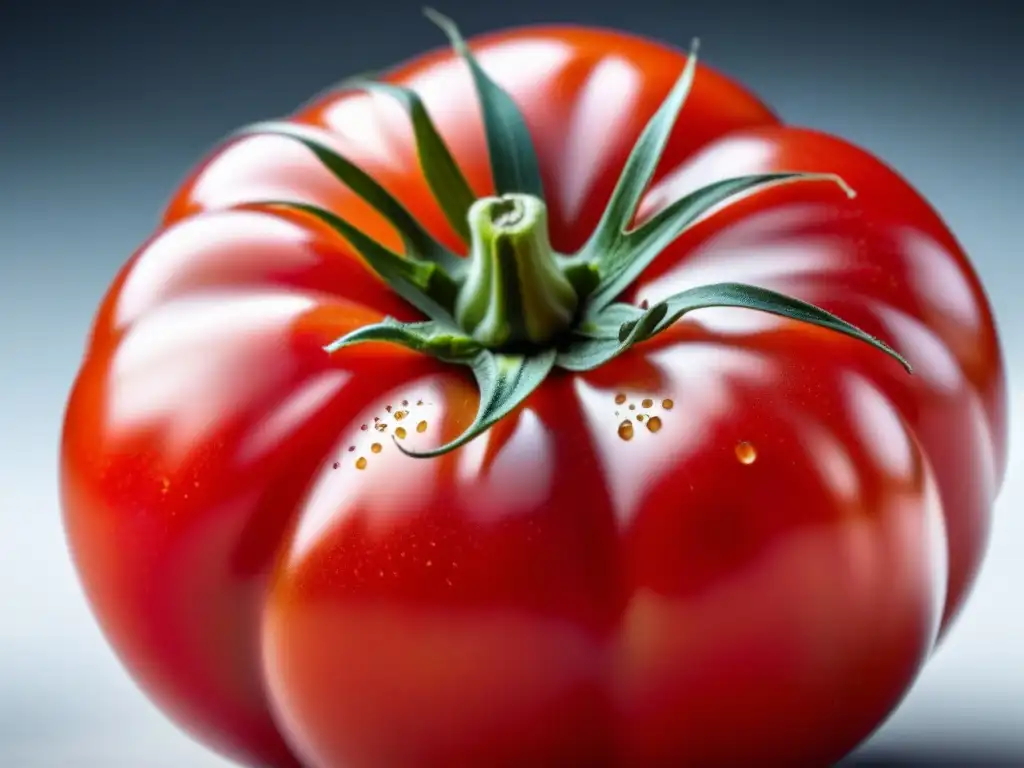 Un tomate genéticamente modificado, con su piel lisa y color rojo vibrante, destaca en un fondo blanco