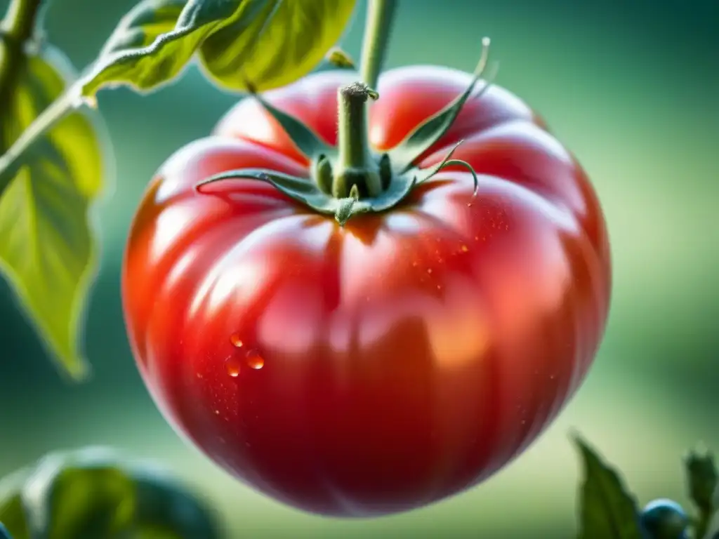 Tomate modificado genéticamente suspendido en el aire, destaca su perfección y los beneficios tecnología CRISPR en agricultura